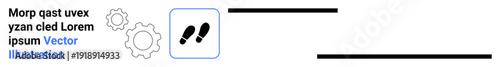 Navigation, process optimization, workflow automation, system development, technical design, progress. Black footsteps icon within a square and gear symbols. Navigation and process optimization