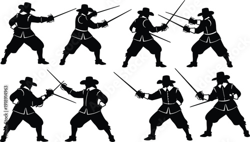 Black Silhouette Vector Set of Musketeers and Fencers in Duel Poses with Rapier Swords and Historical Renaissance Costumes and Hats