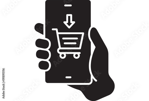 Smartphone shopping icon with hand holding mobile device, cart and download arrow symbol for ecommerce app, online purchase, digital retail, checkout and delivery