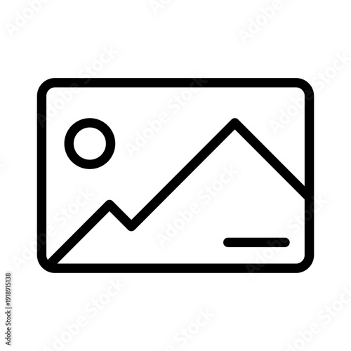 Simple outline icon of a photograph showing a mountain landscape and the sun