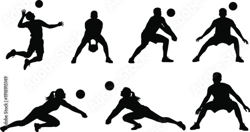 Black Silhouette Vector Set of Professional Volleyball Players Serving Spiking and Digging during Competitive Match for Sports and Fitness Design,