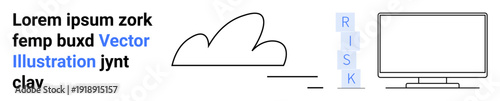 Cloud security, digital risk management, cybersecurity, data protection, threat analysis, virtual safety. Diagram shows a cloud, labeled risk and a computer display. Cloud security and cybersecurity