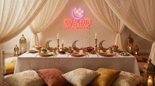 Eid al fitr mubarak festive table setting with traditional decorations and lanterns in a luxurious interior