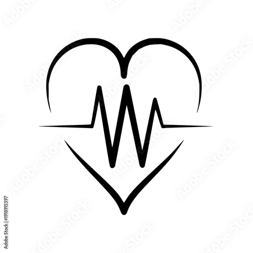Black and white illustration of a heartbeat line within a heart shape, symbolizing life, health, and medical care
