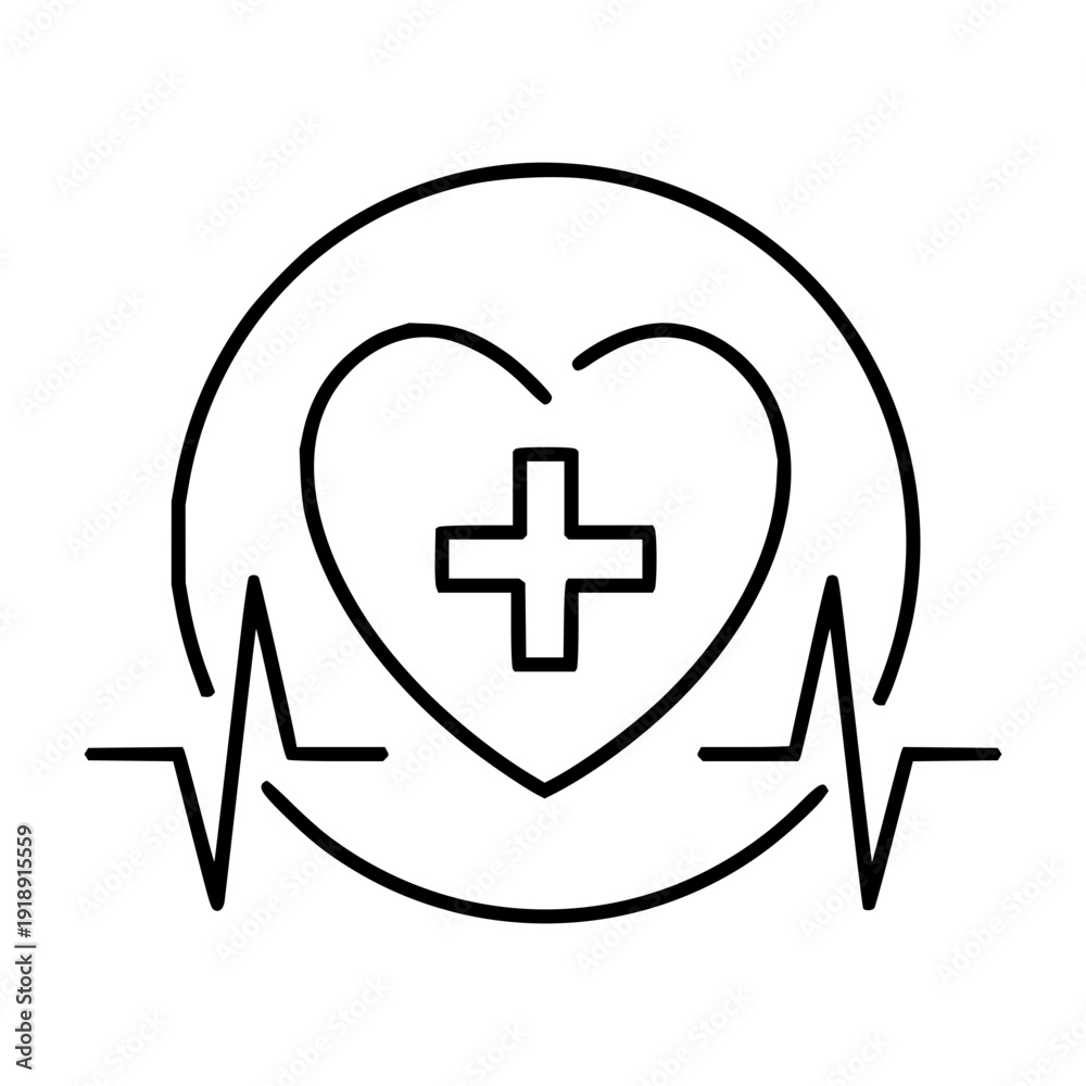 Fototapeta premium Modern line art icon illustrating a healthy heart with a medical cross and an electrocardiogram pulse, representing medical care, wellness, and vital health monitoring