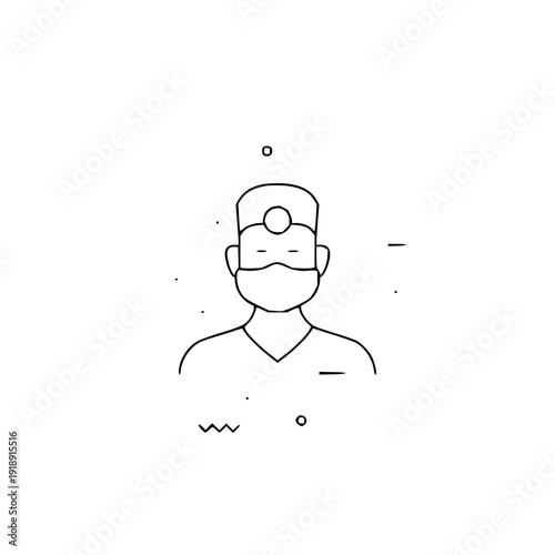 Minimalist line art illustration of a dedicated healthcare provider wearing a protective face mask and surgical cap, representing modern medical care, safety, and essential services