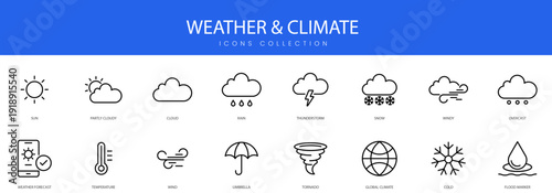 A set of outline icons illustrating various meteorological conditions and climate phenomena