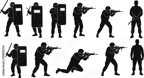 Black Silhouette Vector Set of Riot Police with Shields and Batons and Tactical Swat Special Forces Soldiers with Assault Rifles