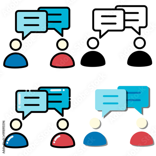 People communication icon with speech bubbles above users. Flat vector illustration for teamwork discussion, customer service and social interaction. Vector icon in four different style 