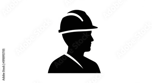 Silhouette of a worker wearing a hard hat, viewed from the side, in a simple illustration style.