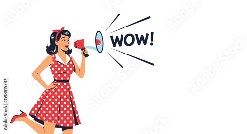 Vintage style woman in a red polka dot dress shouting into a megaphone to announce an exciting discovery or sales deal.
