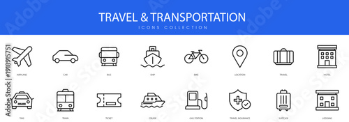 Outline icons for various modes of transport travel insurance and tourism services