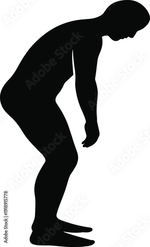 Black Silhouette Vector Illustration of a Person Standing with Poor Posture Slouching Back Pain or Body Aches Over a Plain White Background