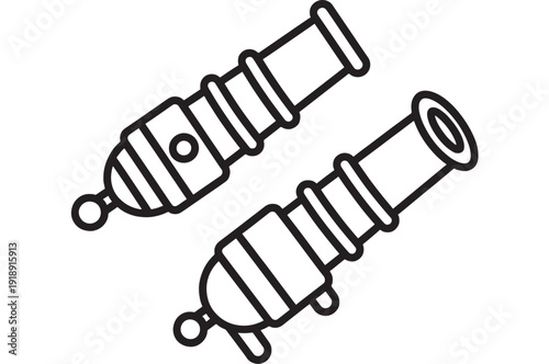 Telescope icon set with two spyglass optics in outline style, simple black line astronomy symbol, vintage viewing instrument pictogram isolated on white