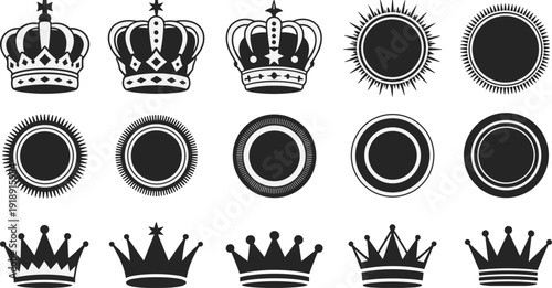Black Silhouette Vector Set of Royal Crowns and Circular Heraldic Badges with Sunburst Frames for Luxury Branding and Logo Design,