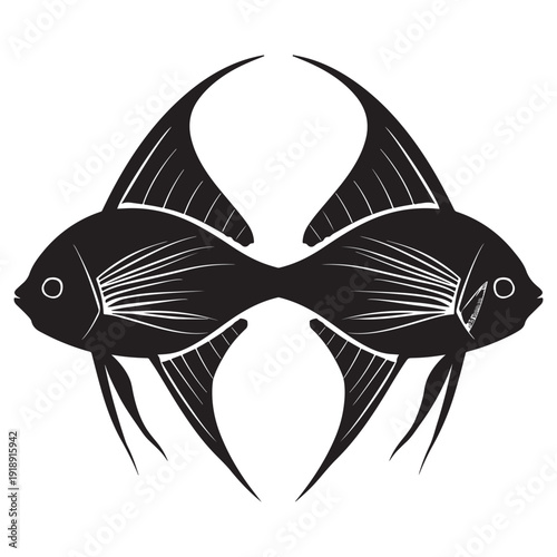 Symmetrical black and white illustration of two facing fish