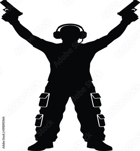 Black Silhouette Vector Illustration of a Tactical Shooter or Gaming Character Wearing Noise Cancelling Headphones and Raising Two Handguns in the Air