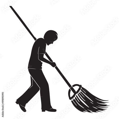 A person raking leaves with a broom or a rake in a simple black silhouette