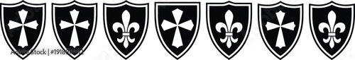 Collection of stylized shields featuring crosses and fleur-de-lis emblems, presented as bold black silhouettes on a white background.