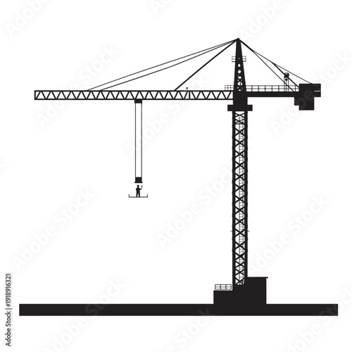 A black and white illustration of a construction crane with a hook and pulley system