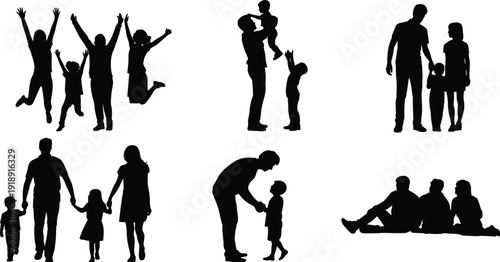 Family silhouette set with parents and children jumping playing and walking together isolated on white background for happy lifestyle design