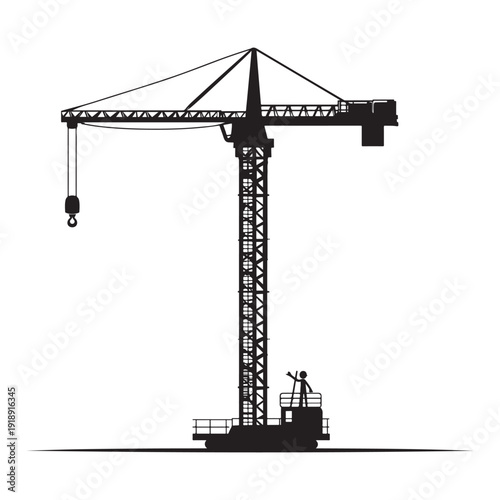 A black and white illustration of a construction crane with a boom and pulley system