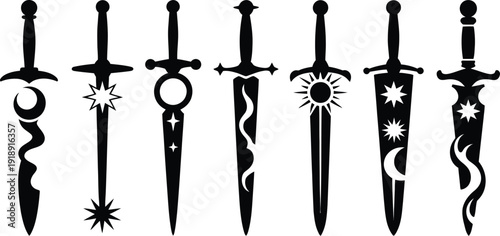 Photography Fantasy swords with celestial symbols medieval celestial silhouette illustration