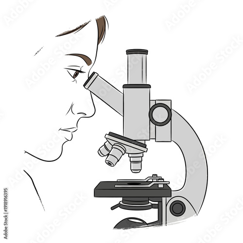 Scientist looking through microscope, laboratory research, scientific discovery