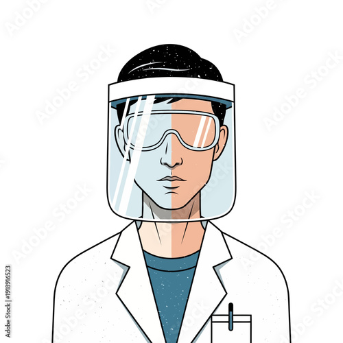 Scientist wearing protective face shield and goggles, lab coat