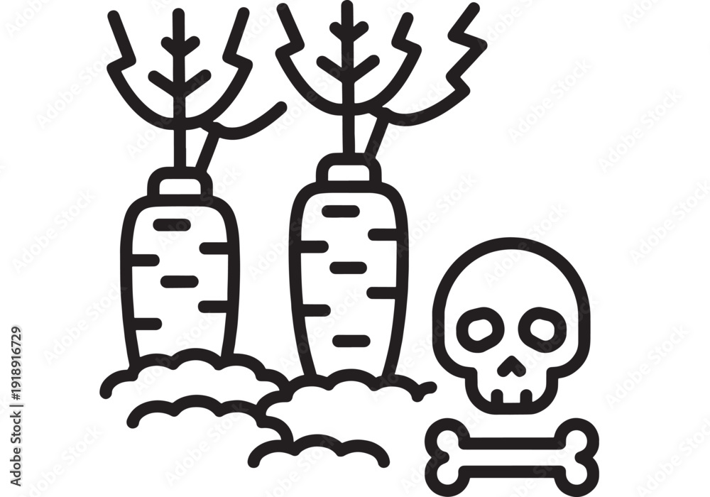 Fototapeta premium Carrots warning icon with toxic contamination symbol, skull and crossbones near root vegetables in soil, black outline line art for food safety and hazard sign