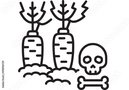 Carrots warning icon with toxic contamination symbol, skull and crossbones near root vegetables in soil, black outline line art for food safety and hazard sign