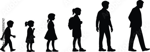 Human life cycle silhouette set with stages of growth from toddler to adult man isolated on white background for design