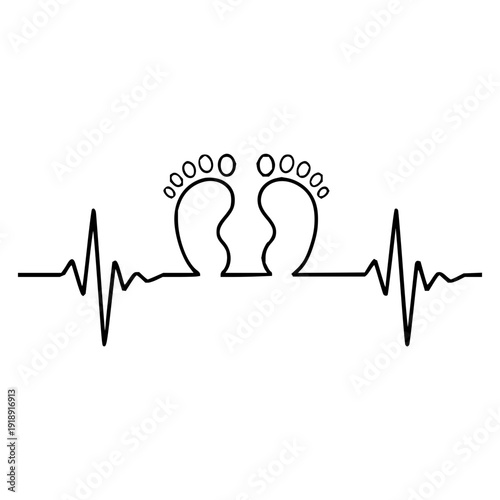 Graphic concept Baby footprints seamlessly integrated into a continuous heartbeat line, symbolizing new life, love, and family bonds. Evokes hope for parenthood