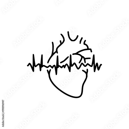 Modern minimalist line art of a human heart with an electrocardiogram waveform, symbolizing cardiac health, medical science, life's rhythm, and vital monitoring