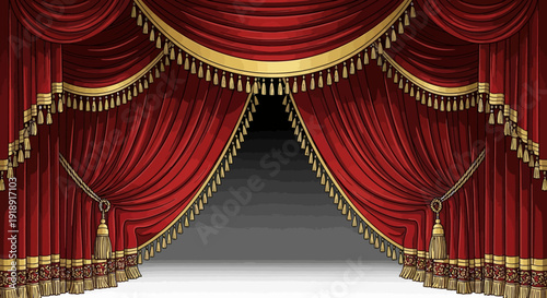 Luxurious red velvet stage curtains with golden fringe and tassels, partially open to reveal a dark background.