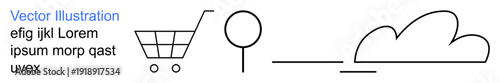 E-commerce, environment, minimalism, abstract design, conceptual art, basic shapes. A shopping cart, circular object a horizontal line and a cloud shape in black line art. E-commerce