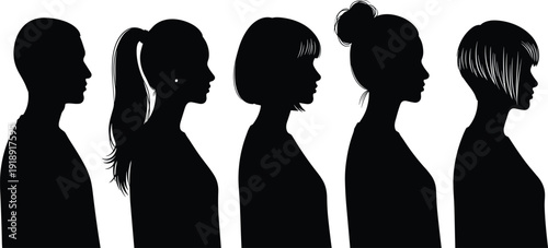 Black Silhouette Vector Illustration Set of Diverse Men and Women Profiles Featuring Different Hairstyles Including Ponytail Bun Bob Cut and Short Hair