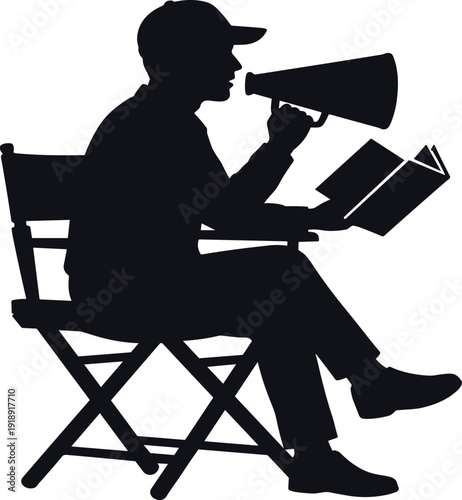 Black Silhouette Vector of a Film Director Sitting in a Chairs Holding a Megaphone and Reading a Script or Movie Production Screenplay