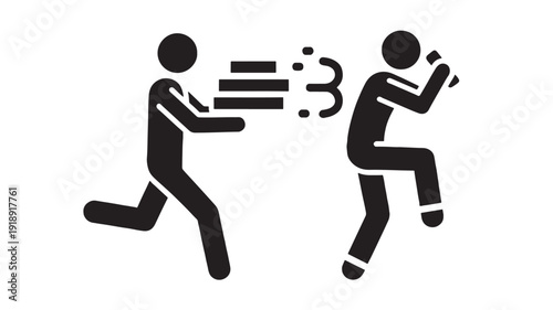 Icon pictogram of running person chasing another with motion lines and surprise symbol, concept of pursuit, fear, escape, urgency, and danger in flat style