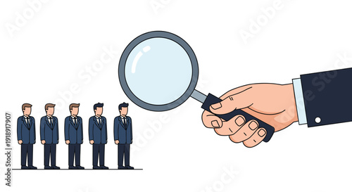 Human resources and recruitment concept with giant hand holding magnifying glass over group of identical businessmen.