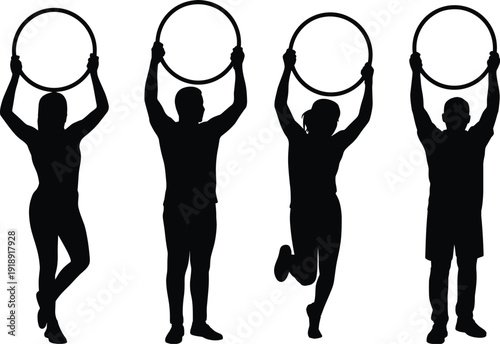 People with hula hoops silhouette set with men and women holding rings in various fitness poses isolated on white background