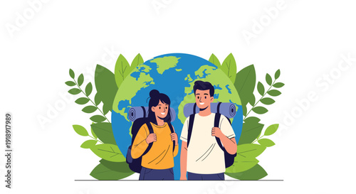 Sustainable world travel and eco tourism concept with young man and woman hikers standing before globe and leaves.