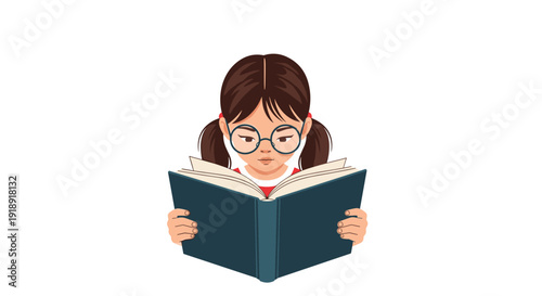 Intelligent young girl with glasses reading a large book for education learning and wisdom development concept.