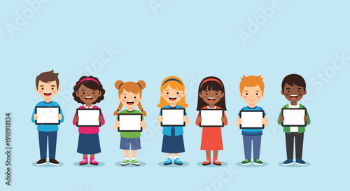 Diverse group of happy children holding blank white tablets for technology education and communication concept.