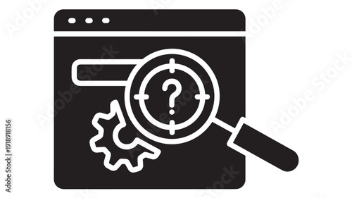 Browser troubleshooting icon with magnifying glass and question mark over target, gear settings symbol for web diagnostics, search, analysis, and technical support UI