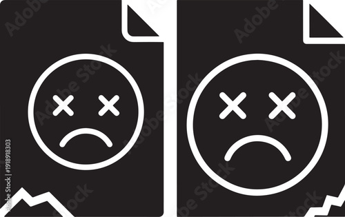 Two black icons with white sad faces, broken corners, and crossed-out eyes, symbolizing disappointment and error.