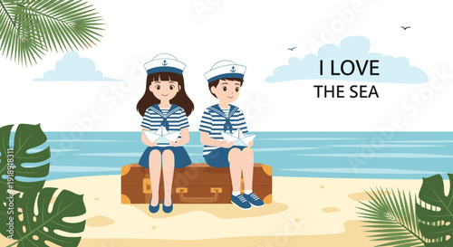 Cute sailor children sitting on suitcase at beach with paper boats for ocean travel and summer holiday concept.