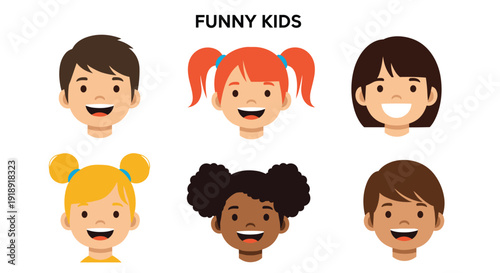 Large collection of diverse happy children faces with different hairstyles and ethnicities for funny kids concept.