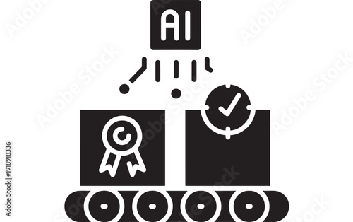 Icon AI certification automation with approval checkmark and award badge on conveyor belt, black glyph pictogram for quality assurance, compliance validation and workflow