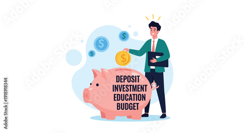 Financial planning and investment concept with businessman putting coin in piggy bank for education and budget.